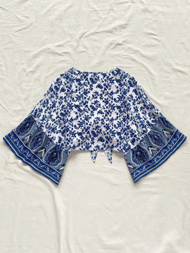 Blusa de vacaciones informale para mujeres 'WYWH' con dobladillo de volantes y frente anudado en patchwork con mangas de campana