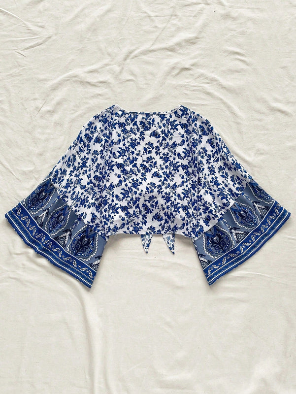 Blusa de vacaciones informale para mujeres 'WYWH' con dobladillo de volantes y frente anudado en patchwork con mangas de campana