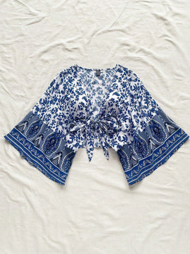Blusa de vacaciones informale para mujeres 'WYWH' con dobladillo de volantes y frente anudado en patchwork con mangas de campana