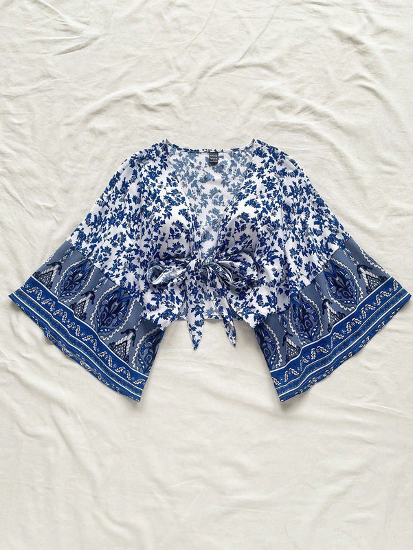 Blusa de vacaciones informale para mujeres 'WYWH' con dobladillo de volantes y frente anudado en patchwork con mangas de campana