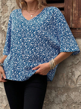 EMERY ROSE Camisa para mujer de media manga con cuello en V y estampado floral para unas vacaciones de ocio campestres