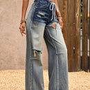 VCAY Pantalones de Jean de pierna ancha y talle alto para mujer con corte holgado, cinturon y diseno desgastado nostalgico