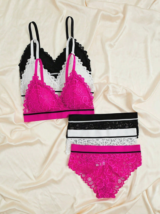 Conjunto de lenceria de encaje floral de 3 piezas