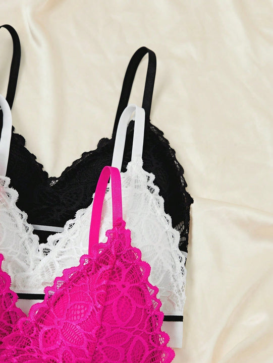 Conjunto de lenceria de encaje floral de 3 piezas