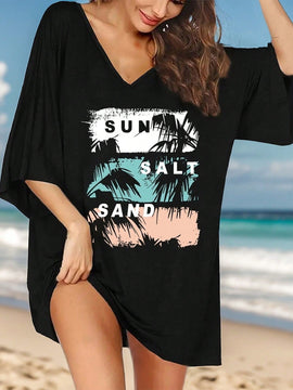 Camiseta de verano para mujer con cuello en V y estampado de letras de palmera con mangas de caida amplia y ajuste holgado, camiseta grafica