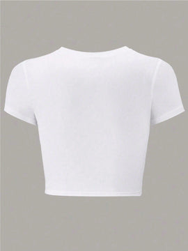 Camiseta corta de verano estampada ajustada de manga corta para mujer