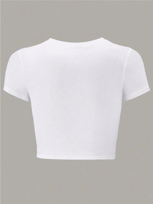 Camiseta corta de verano estampada ajustada de manga corta para mujer