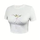 Camiseta corta de verano estampada ajustada de manga corta para mujer