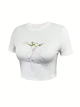 Camiseta corta de verano estampada ajustada de manga corta para mujer