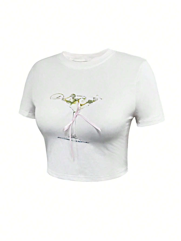 Camiseta corta de verano estampada ajustada de manga corta para mujer
