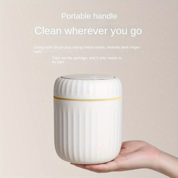 Bote de basura de escritorio con tapa de presión de 1 toque, diseño acanalado para control de olores, cilíndrico compacto para oficina, hogar, escritorio, sala de estar o estudio, en blanco con detalles amarillos, mini bote de basura para escritorio, org