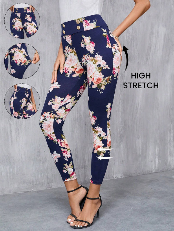 Clasi Pantalones largos elegantes Slim con decoracion de boton falso y estampado floral para mujeres