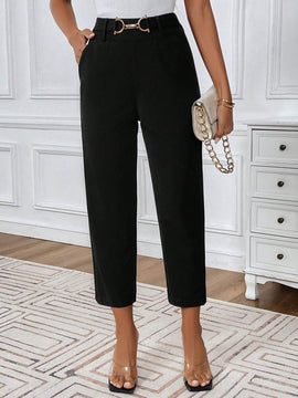 Prive Pantalones de mujer sencillos y elegantes con pliegues y decoracion de hebilla de metal en la cintura