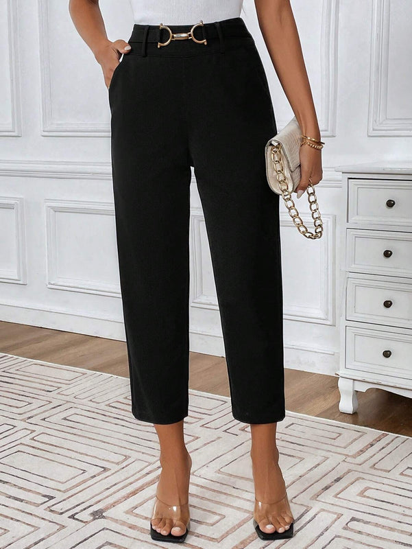 Prive Pantalones de mujer sencillos y elegantes con pliegues y decoracion de hebilla de metal en la cintura