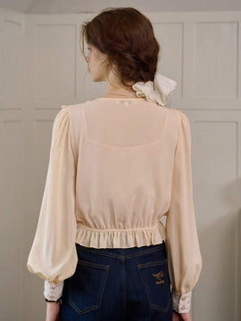 Simple Retro Camisa de manga abullonada para mujer con contrastes de color y cintura con cuerda, estilo de vacaciones