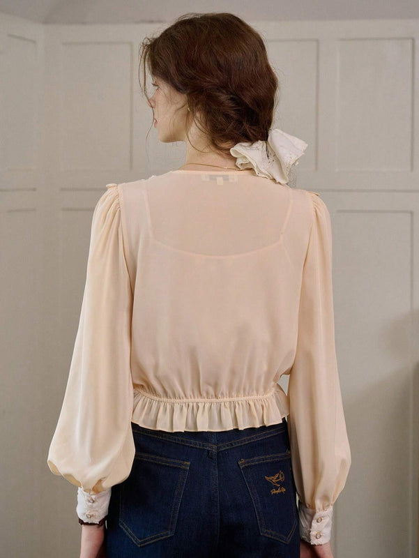 Simple Retro Camisa de manga abullonada para mujer con contrastes de color y cintura con cuerda, estilo de vacaciones