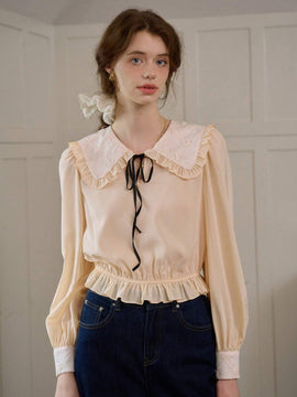Simple Retro Camisa de manga abullonada para mujer con contrastes de color y cintura con cuerda, estilo de vacaciones