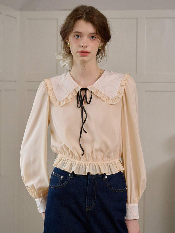 Simple Retro Camisa de manga abullonada para mujer con contrastes de color y cintura con cuerda, estilo de vacaciones
