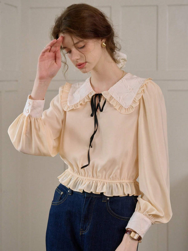 Simple Retro Camisa de manga abullonada para mujer con contrastes de color y cintura con cuerda, estilo de vacaciones