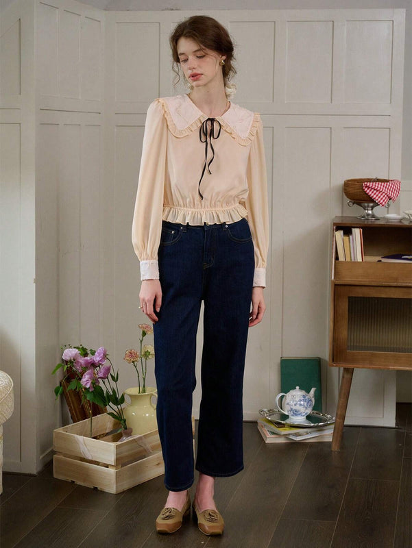 Simple Retro Camisa de manga abullonada para mujer con contrastes de color y cintura con cuerda, estilo de vacaciones