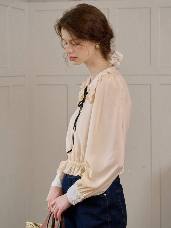 Simple Retro Camisa de manga abullonada para mujer con contrastes de color y cintura con cuerda, estilo de vacaciones