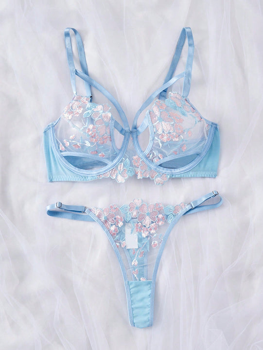 Conjunto de sostenes y panties bordados con aros, transparentes y de moda para mujeres, 2 piezas