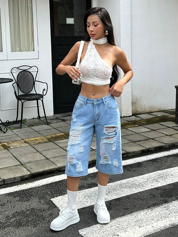 EZwear Jeans de mezclilla de longitud 7/8 para mujer con ajuste holgado, bolsillos desgastados y deshilachados