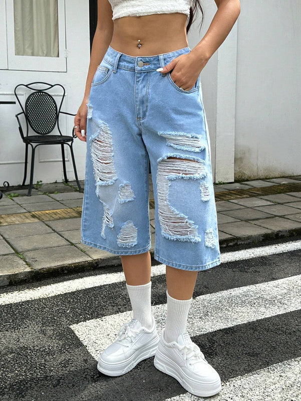 EZwear Jeans de mezclilla de longitud 7/8 para mujer con ajuste holgado, bolsillos desgastados y deshilachados