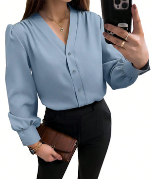 Camisa casual de mujer con cuello en V, botones delanteros, mangas de linterna y pliegues