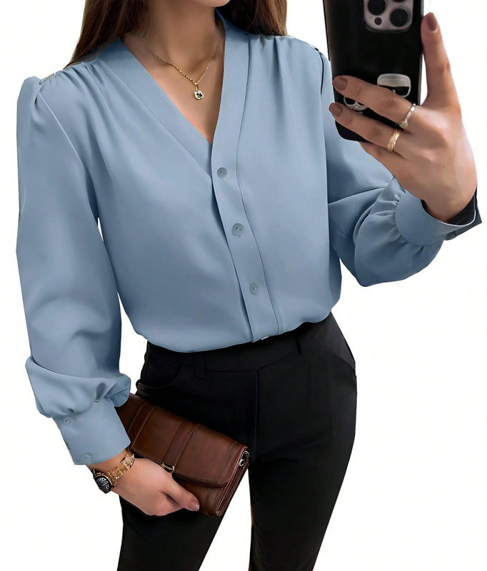Camisa casual de mujer con cuello en V, botones delanteros, mangas de linterna y pliegues