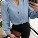 Camisa casual de mujer con cuello en V, botones delanteros, mangas de linterna y pliegues
