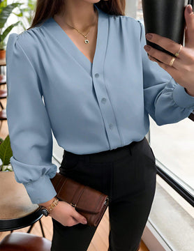 Camisa casual de mujer con cuello en V, botones delanteros, mangas de linterna y pliegues