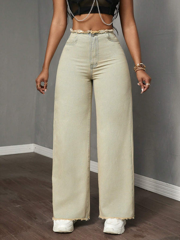 Slayr Jeans casuales de pierna ancha para mujer con parches, dobladillo deshilachado y bolsillos insertados