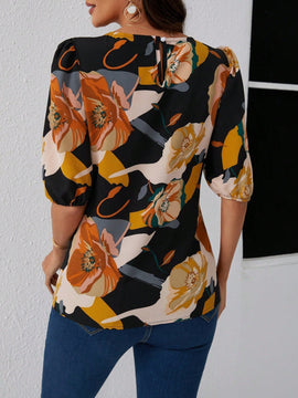Camiseta con mangas medios y estampado S1020 con detalles plisados, ideal para verano