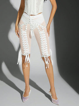 Haute Pantalones ajustados de malla transparente para mujer con tiras cruzadas sensuales para el verano