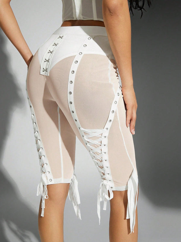 Haute Pantalones ajustados de malla transparente para mujer con tiras cruzadas sensuales para el verano