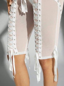 Haute Pantalones ajustados de malla transparente para mujer con tiras cruzadas sensuales para el verano