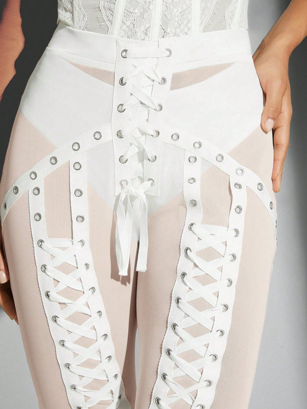 Haute Pantalones ajustados de malla transparente para mujer con tiras cruzadas sensuales para el verano