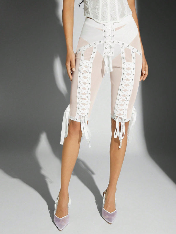 Haute Pantalones ajustados de malla transparente para mujer con tiras cruzadas sensuales para el verano
