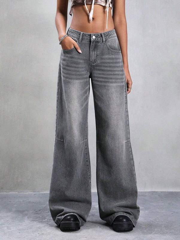 Pantalones Jeans de pierna ancha y holgados con bolsillos y cierre de boton, informales