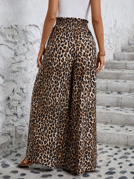 Lune pantalones de mujer de pierna ancha con cintura elastica y estampado de leopardo, atuendo casual para vacaciones o profesores