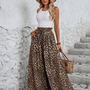 Lune pantalones de mujer de pierna ancha con cintura elastica y estampado de leopardo, atuendo casual para vacaciones o profesores