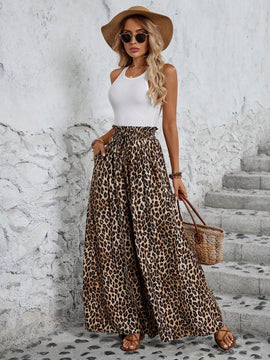 Lune pantalones de mujer de pierna ancha con cintura elastica y estampado de leopardo, atuendo casual para vacaciones o profesores