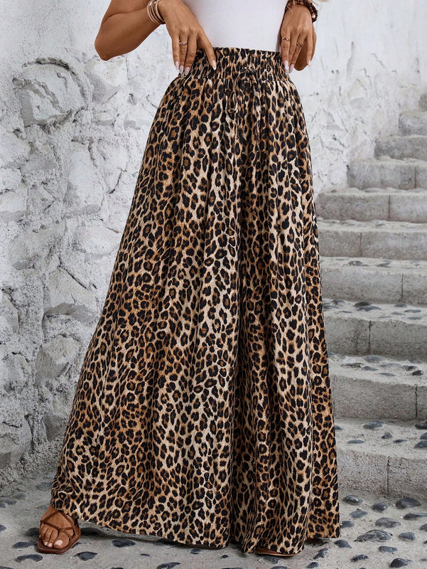 Lune pantalones de mujer de pierna ancha con cintura elastica y estampado de leopardo, atuendo casual para vacaciones o profesores
