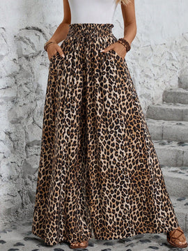 Lune pantalones de mujer de pierna ancha con cintura elastica y estampado de leopardo, atuendo casual para vacaciones o profesores