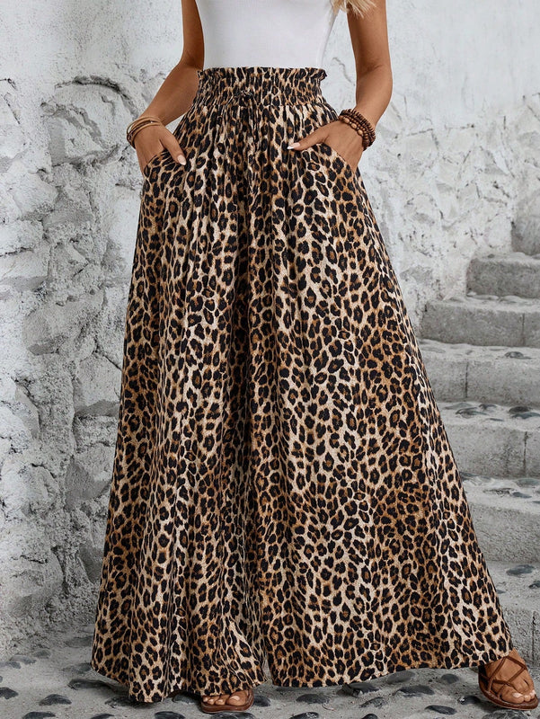 Lune pantalones de mujer de pierna ancha con cintura elastica y estampado de leopardo, atuendo casual para vacaciones o profesores