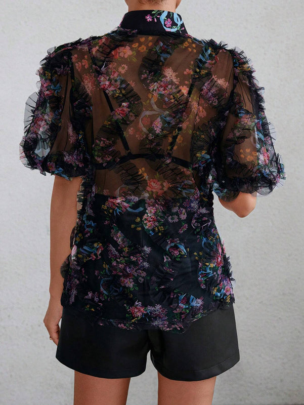Camisa de malla con cuello de pie y manga lantern con diseno impreso al azar para mujer con borde de volantes en 3D y tela traslucida para verano