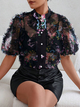 Camisa de malla con cuello de pie y manga lantern con diseno impreso al azar para mujer con borde de volantes en 3D y tela traslucida para verano