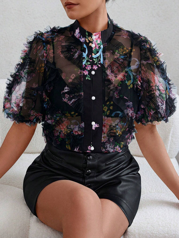 Camisa de malla con cuello de pie y manga lantern con diseno impreso al azar para mujer con borde de volantes en 3D y tela traslucida para verano