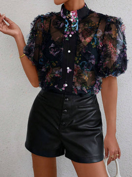Camisa de malla con cuello de pie y manga lantern con diseno impreso al azar para mujer con borde de volantes en 3D y tela traslucida para verano